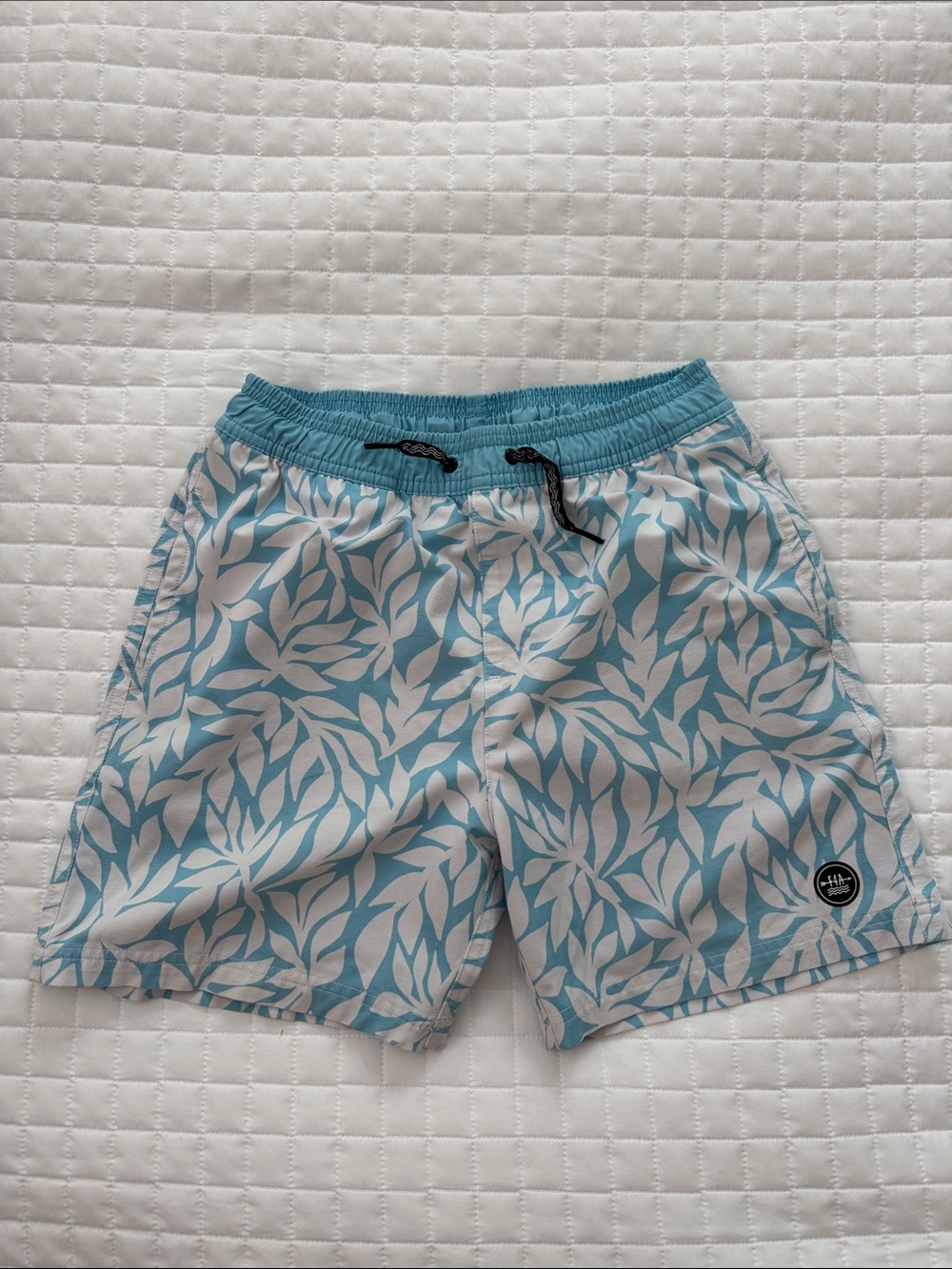 Kids Light Blue and White Leaf-Print Swim Trunks with Elastic Waist